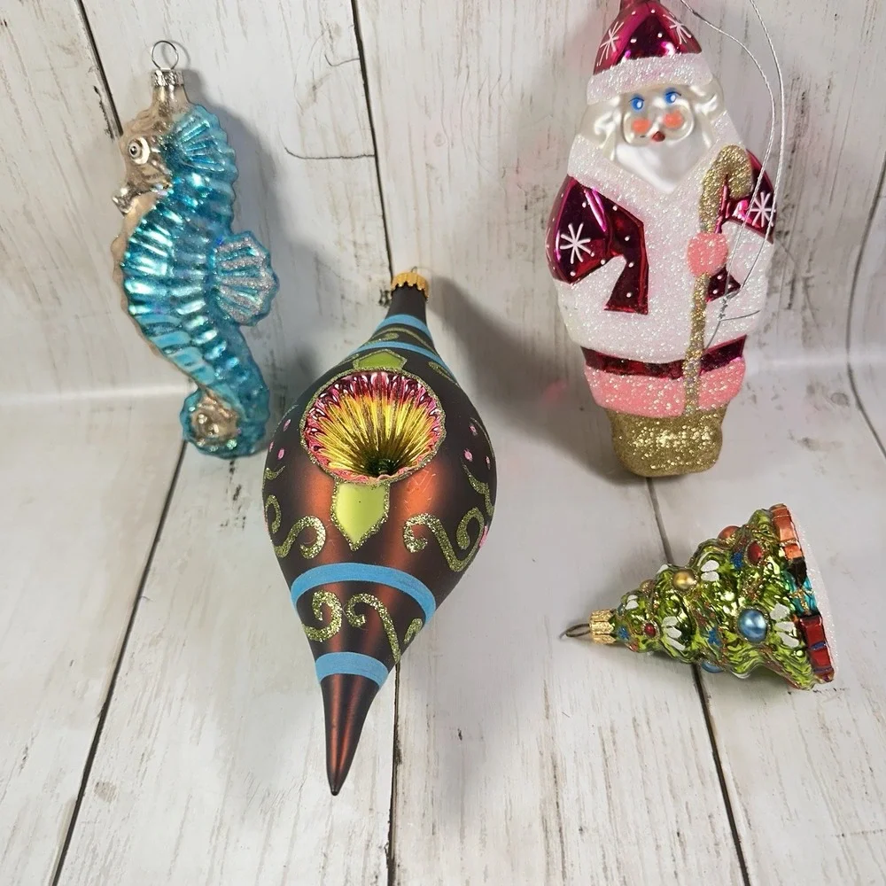 Christmas Ornaments Lot Pink Santa, Tree, Blue Seahorse, Large Indent Brown